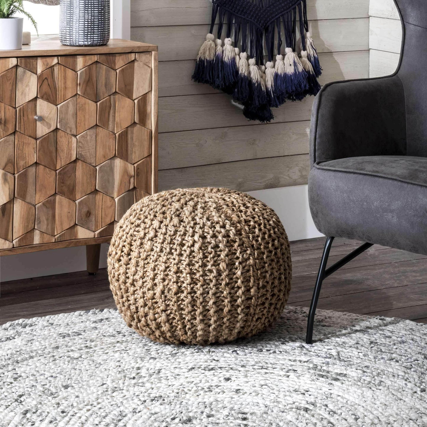 York Classic Knitted Solid Jute Filled Ottoman Pouf - Songbird Gifts