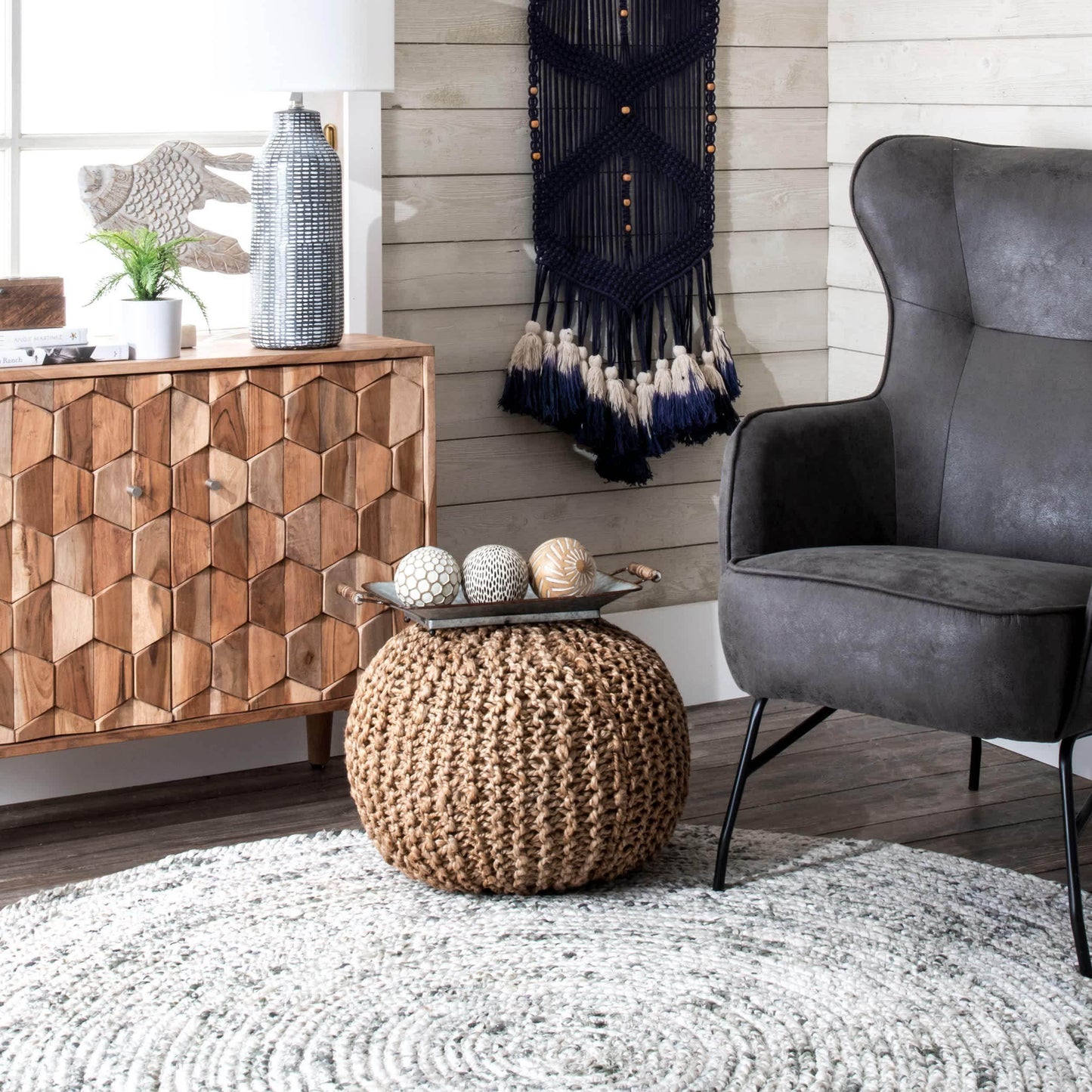 York Classic Knitted Solid Jute Filled Ottoman Pouf - Songbird Gifts