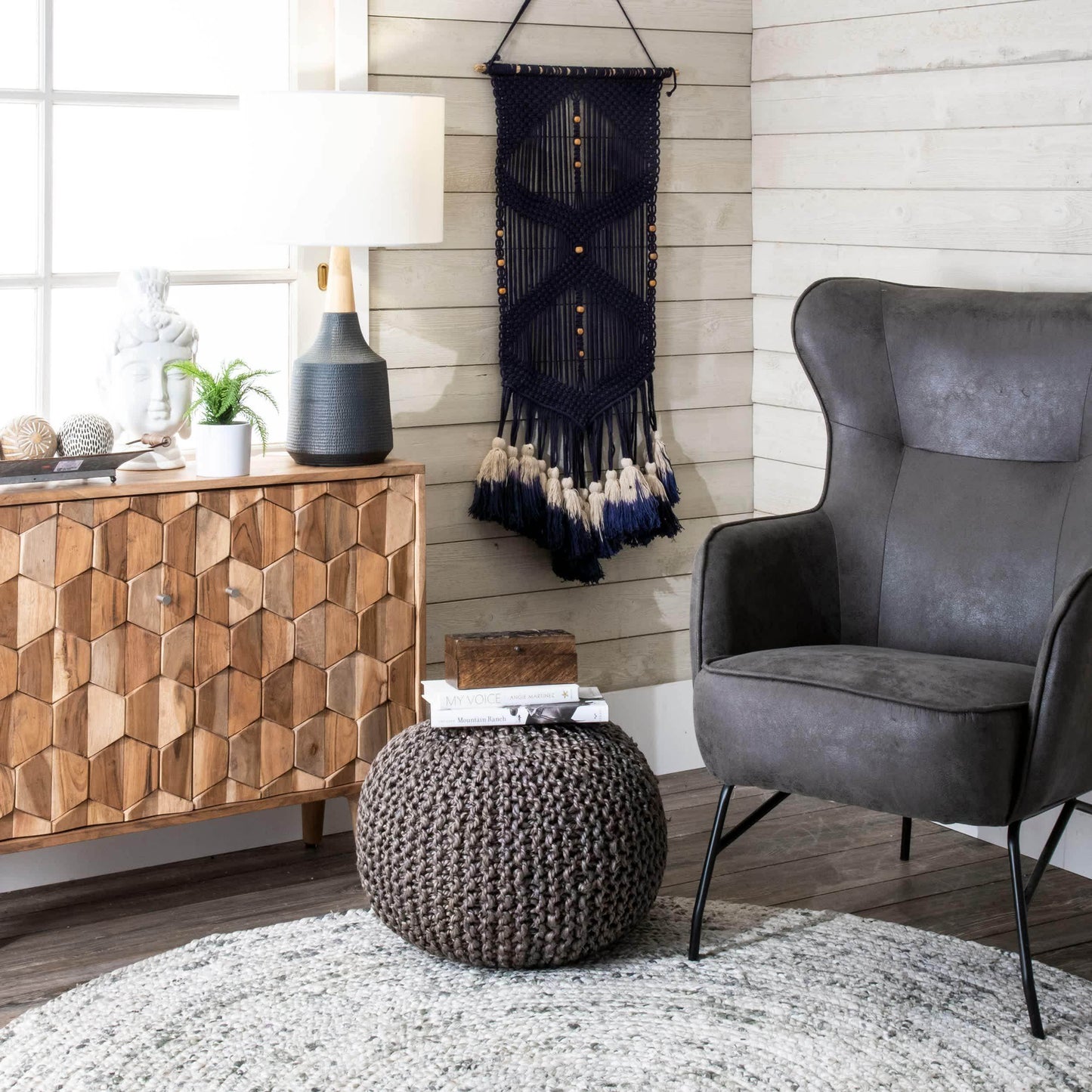 York Classic Knitted Solid Jute Filled Ottoman Pouf - Songbird Gifts