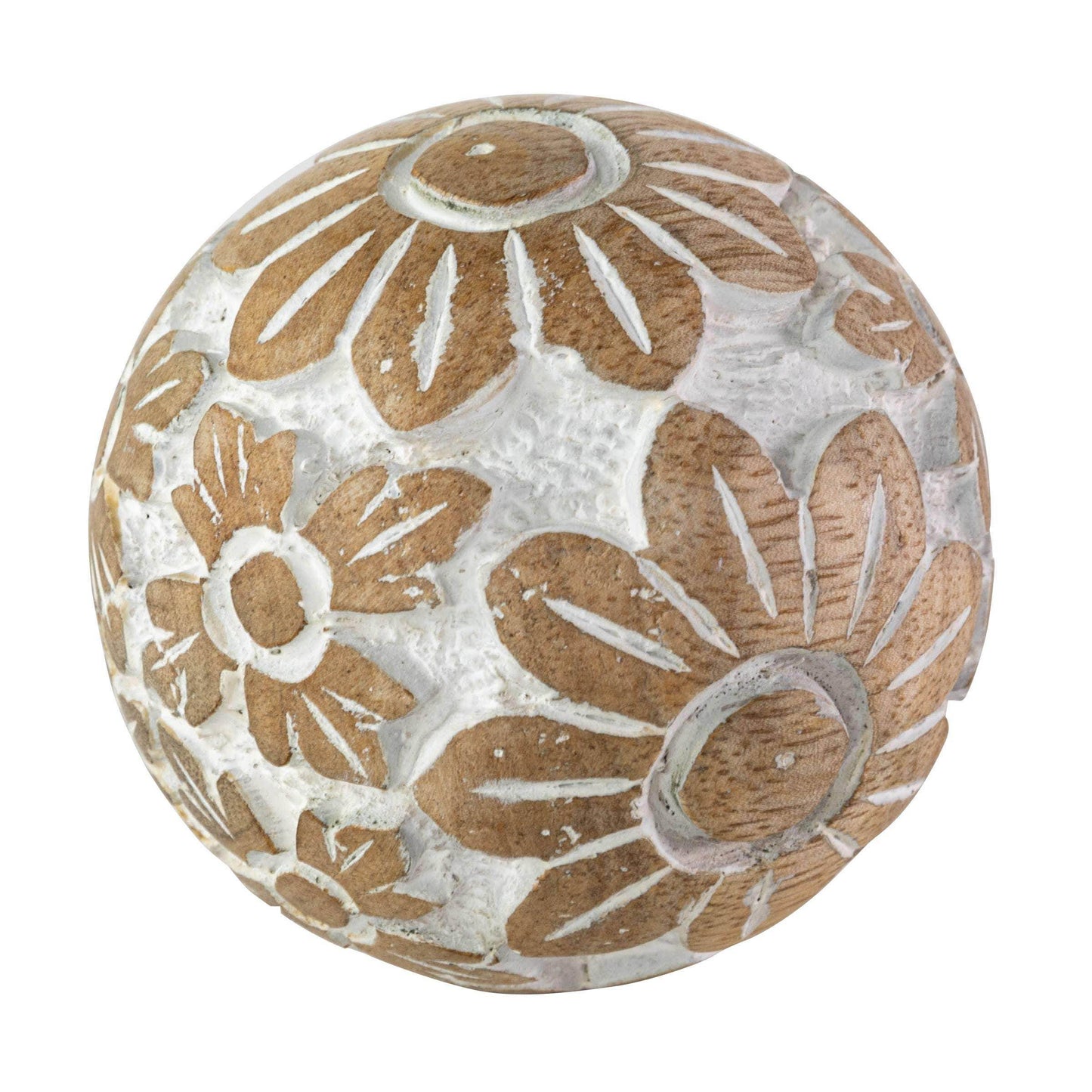Isabella Cottage Flower Carved Wood Deco Ball with White - Songbird Gifts
