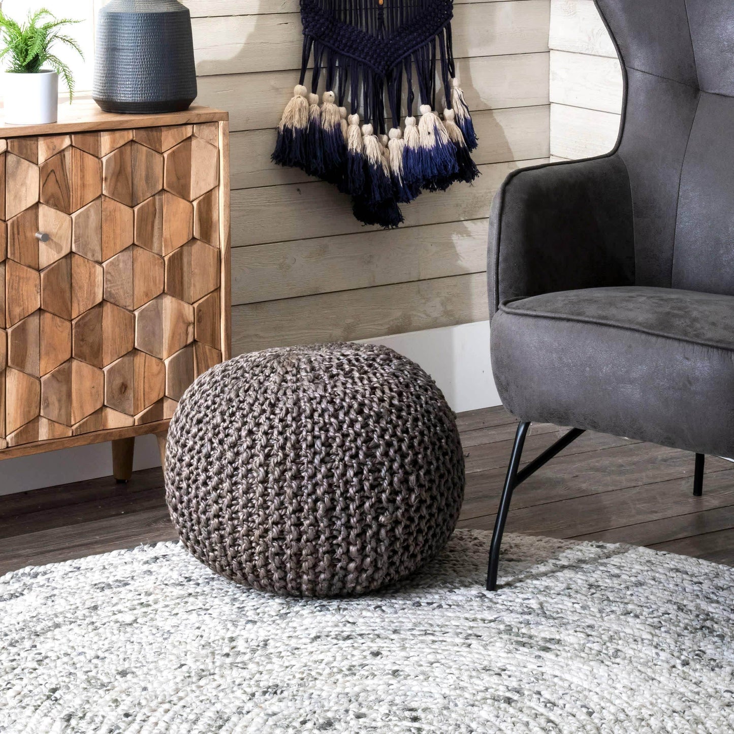 York Classic Knitted Solid Jute Filled Ottoman Pouf - Songbird Gifts