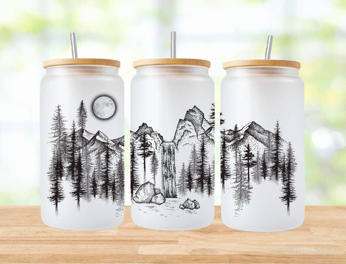 Mountain Forest Waterfall 16oz Frosted Libbey Glass Tumbler - Songbird Gifts