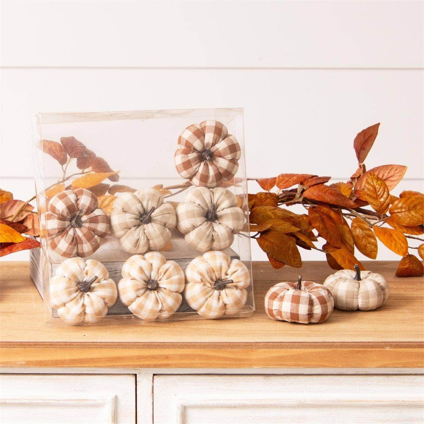 Tan Plaid Mini Pumpkins (Pk/09 Ast) - Songbird Gifts