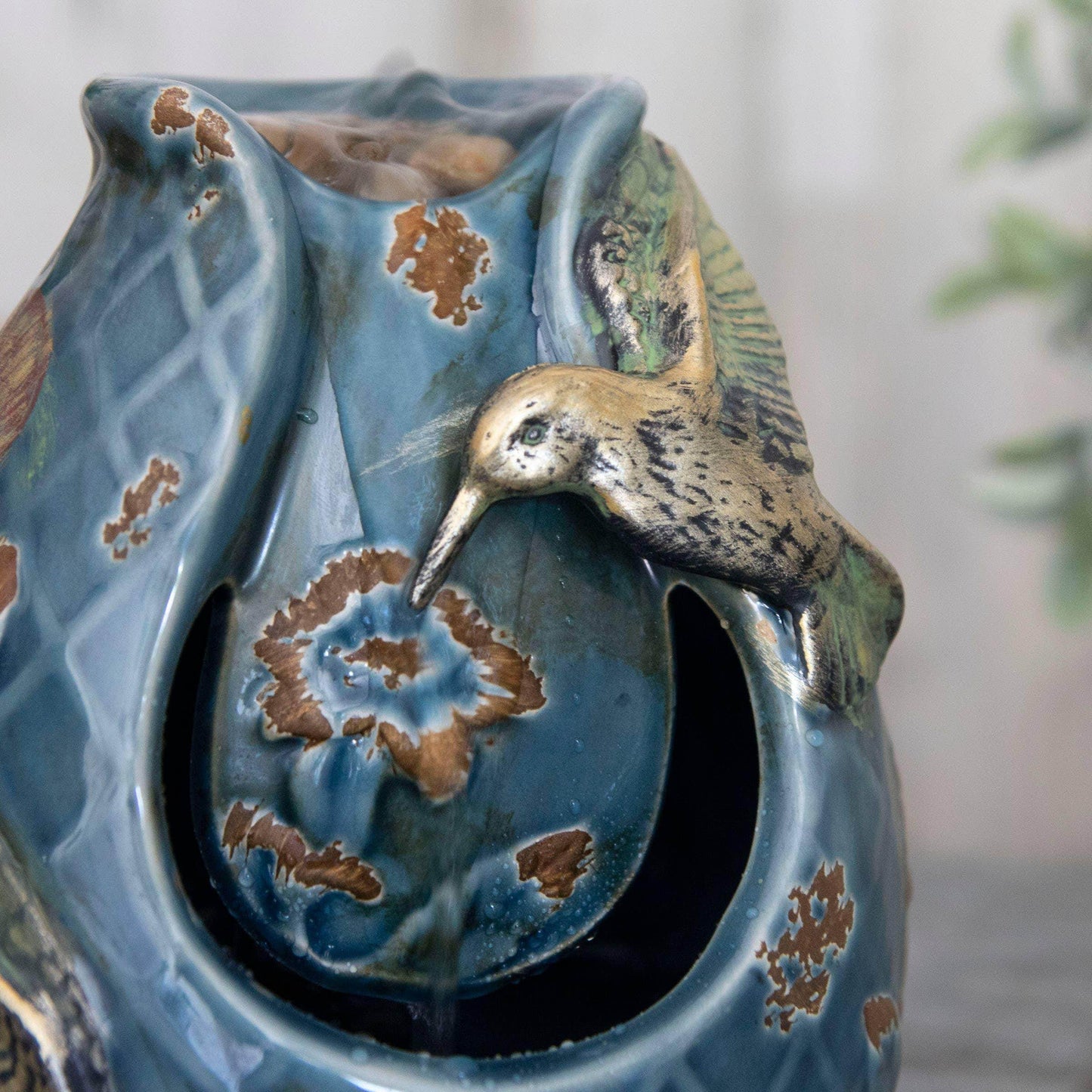 Verdigris Hummingbird Blue Garden Water Fountain with Pump - Songbird Gifts