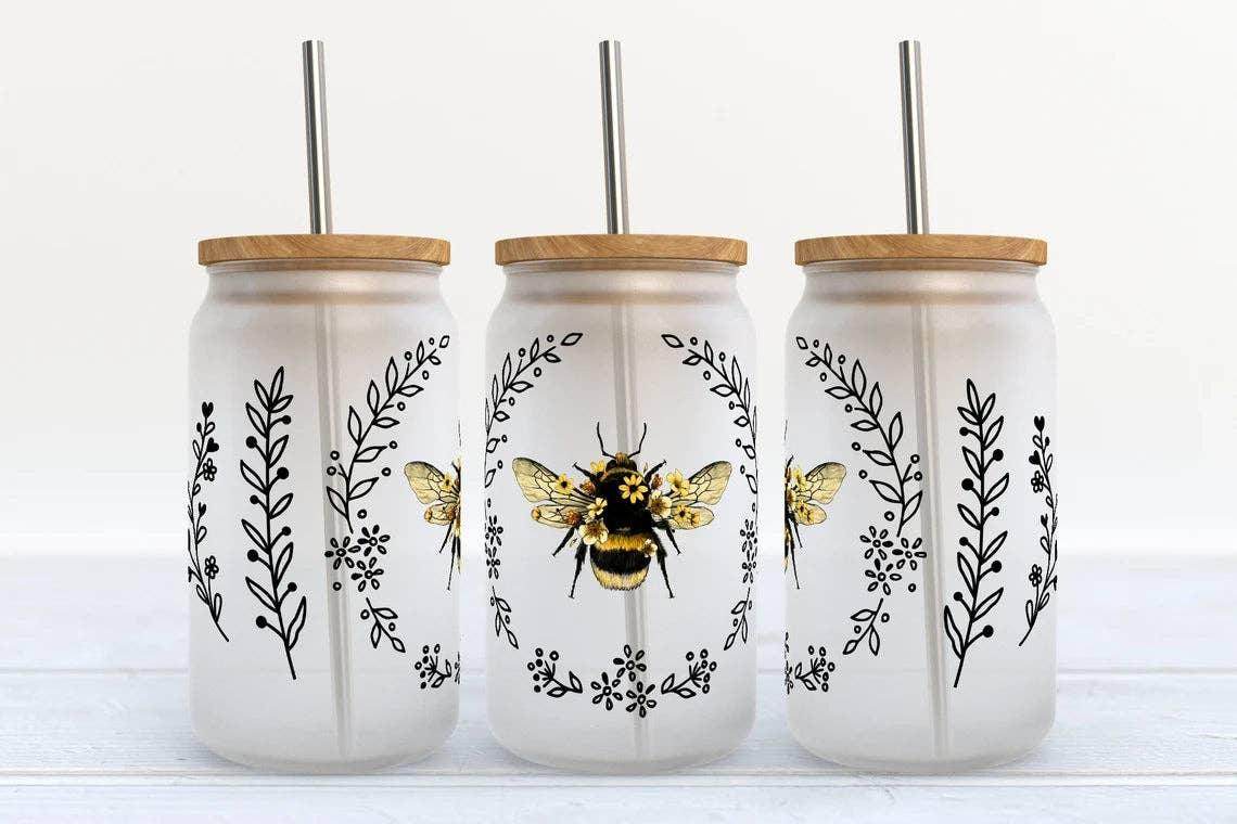 Bumble Bee Floral 16oz Libbey Glass Frosted Tumbler - Songbird Gifts