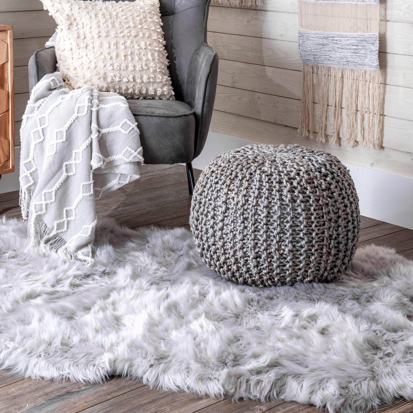 York Classic Knitted Solid Jute Filled Ottoman Pouf - Songbird Gifts