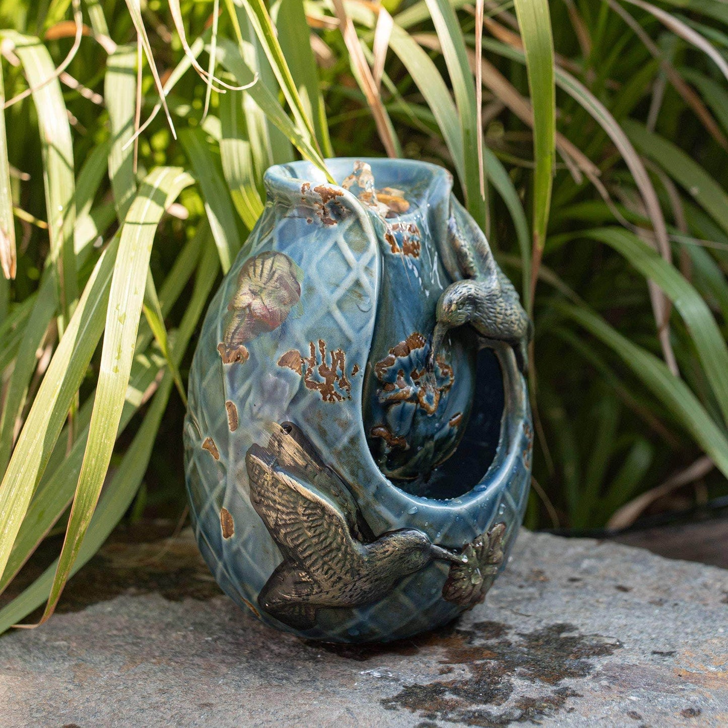 Verdigris Hummingbird Blue Garden Water Fountain with Pump - Songbird Gifts