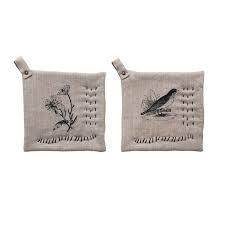 Hand-Embroidered Cotton Slub Printed Pot Holder - Songbird Gifts