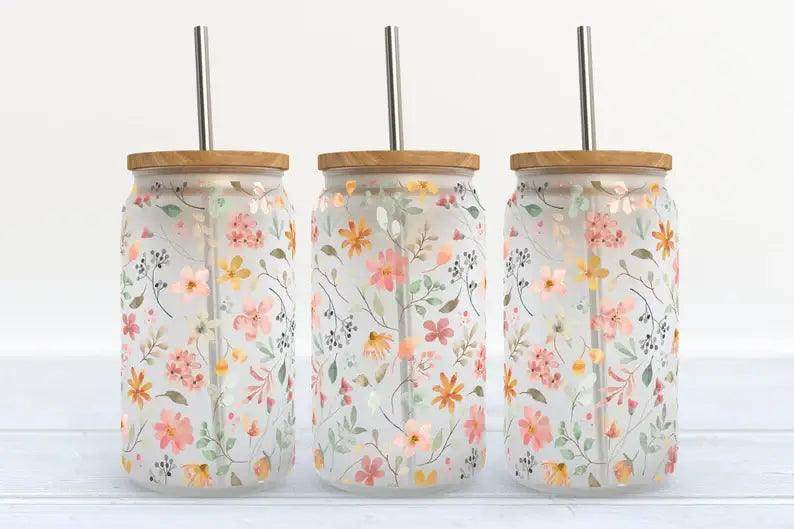 Spring Time Flowers 16oz Frosted Glass Tumbler - Songbird Gifts