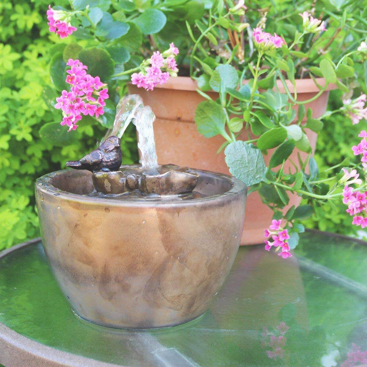 Bronze Bird on Leaf Garden Water Fountain with Pump - Songbird Gifts