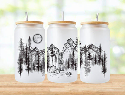 Mountain Forest Waterfall 16oz Frosted Libbey Glass Tumbler - Songbird Gifts