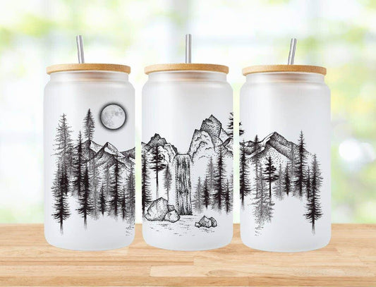 Mountain Forest Waterfall 16oz Frosted Libbey Glass Tumbler - Songbird Gifts