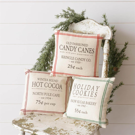 Grain Sack Pillows - Hot Cocoa, Candy Canes, Cookies - Songbird Gifts