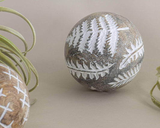 Wilder White Fern Carved Wood Deco Ball - Songbird Gifts