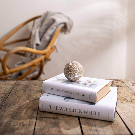 Isabella Cottage Flower Carved Wood Deco Ball with White - Songbird Gifts