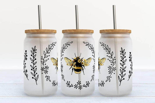Bumble Bee Floral 16oz Libbey Glass Frosted Tumbler - Songbird Gifts