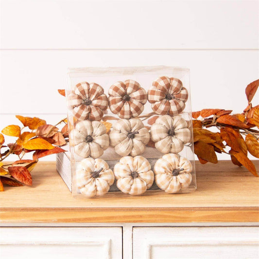 Tan Plaid Mini Pumpkins (Pk/09 Ast) - Songbird Gifts