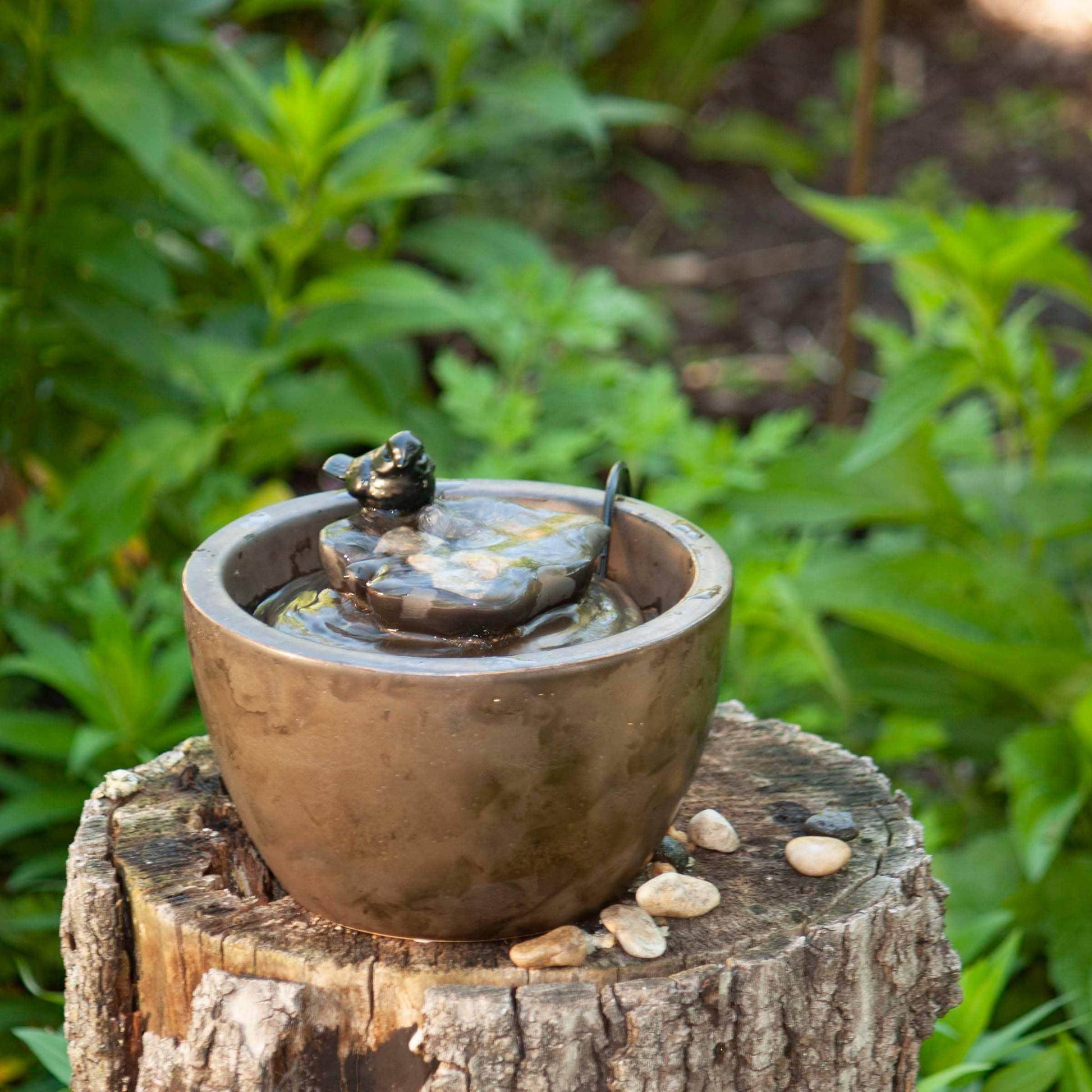 Bronze Bird on Leaf Garden Water Fountain with Pump - Songbird Gifts